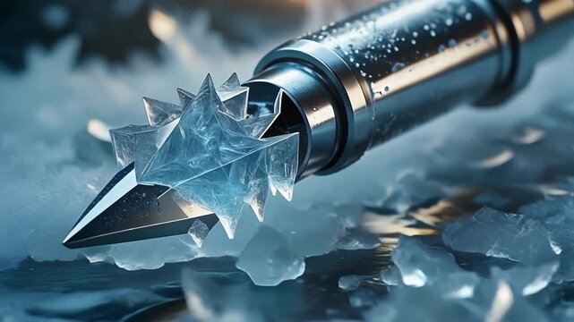 A closeup of a metallic bullet with a sharp multifaceted ice crystal tip resting amidst shattered ice fragments