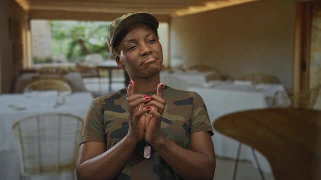 Soldier woman in camouflage uniform presses fingertips together at chest in restaurant interior; pride duty.