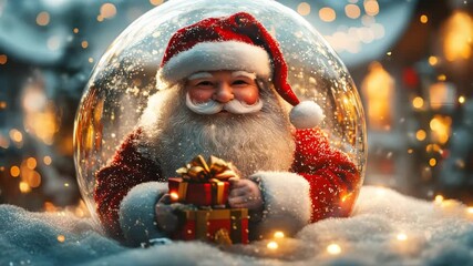 Cinematic cute santa claus inside magic snow globe holding gift box for christmas greeting cards and holiday storytelling promos featuring bokeh lights - Powered by Adobe