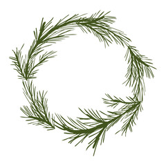 Fototapeta premium Christmas wreath with fir tree branches. Evergreen pine tree circle frames. Vector hand drawn elegant illustration for seasonal greeting card, invitation with blank copy space isolated on white