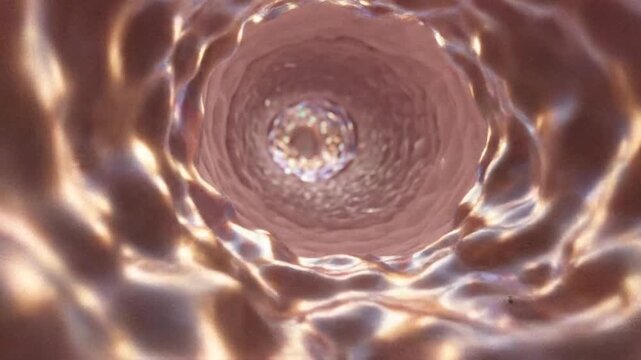 Abstract view inside a shiny reddishbrown wavy tunnel with a shimmering multifaceted circular object at its end