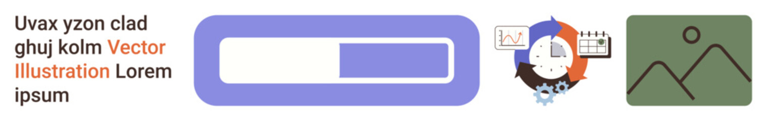 Obraz premium Digital interfaces, data analysis, web development, progress tracking, user experience, content organization. Loading bar, analytics icon with graphs and a photo placeholder. Progress tracking