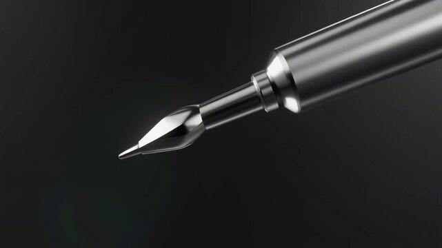 Closeup of a sharp polished metallic tool tip reflecting on a dark gradient background with soft bokeh