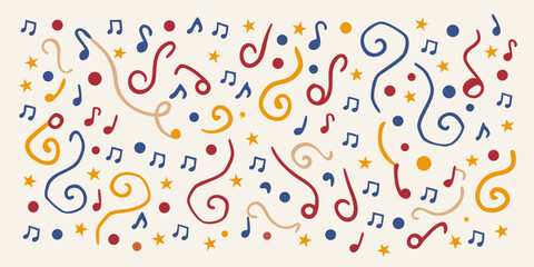 A colorful background featuring musical notes and stars a playful design