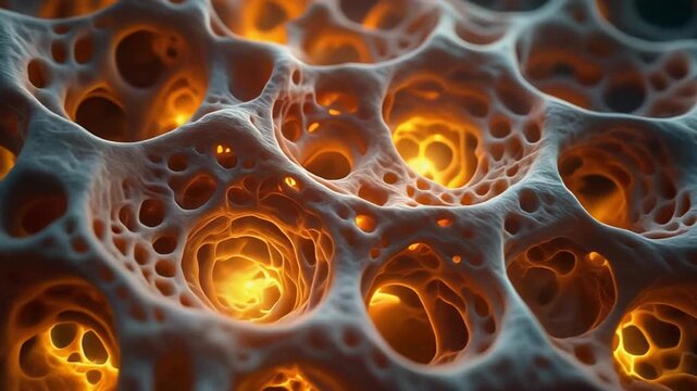 Detailed view of a porous textured light grey structure with numerous glowing orangeyellow cavities