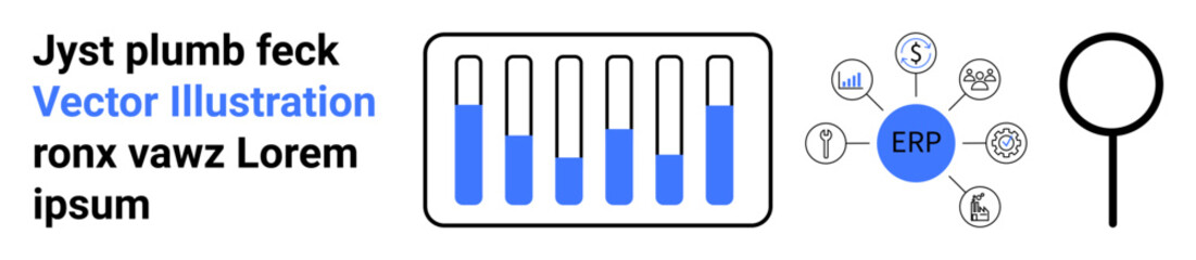 Bar graph with blue progress bars and ERP-related icons outlining key processes thumbs up finance and supply chain. Ideal for systems, technology, data, business, process mapping, planning, simple