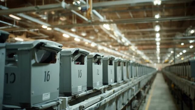 Medium shot displaying an automated conveyor belt transporting mail with labeled sections for efficient sorting and distribution in a sorting facility.
