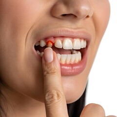 Obraz premium Woman with finger on bleeding gum from tooth extraction on white background