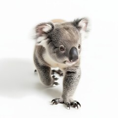 Fototapeta premium Adorable young koala walking on white background looking forward with bright eyes and fluffy ears capturing its charming innocence