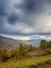 Sunny Autumn Carpathians with Puffy White Clouds