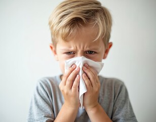 Young boy with blond hair uses tissue for runny nose. Child looks unwell with facial expression showing discomfort, possibly cold or allergy. He needs care and attention at home.