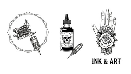 Modern tattoo studio vector elements with geometric frame, machine, and ink for artist branding