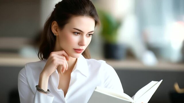 Employee studying code of conduct booklet, soft desk light, thoughtful expression, blurred background with copy space