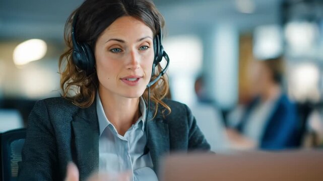 Closeup of a corporate remote conference interpreter managing live multilingual communication using headphones and a laptop in a professional office setting.