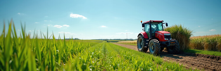 Fototapeta premium Red tractor drives on dirt path near rich green field. Agricultural machine works on farm under clear blue sky, harvest crops in rural countryside, scenic farm landscape.