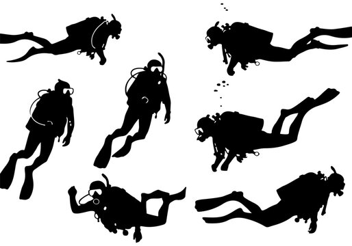 Silhouettes of multiple scuba divers in various underwater poses with full diving equipment.