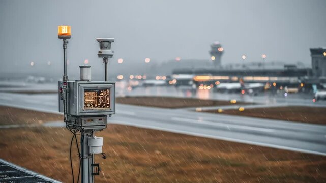 Medium shot of an automated weather station with integrated instruments monitoring various weather parameters at an airport environment.