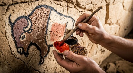 Creating Cave Paintings: Early Human Artist Using Natural Pigments to Draw Animals on Rough Cave Walls