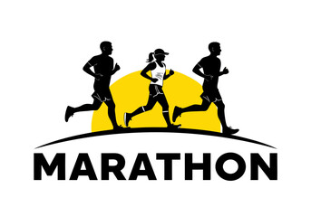 A black and yellow logo featuring three silhouetted runners, two men and one woman, against a yellow sun, with the word 'MARATHON' below.