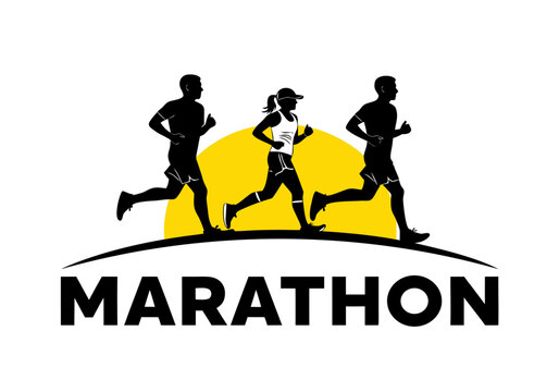 A black and yellow logo featuring three silhouetted runners, two men and one woman, against a yellow sun, with the word 'MARATHON' below.