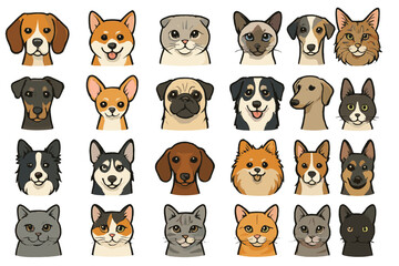Fototapeta premium Collection of cartoon animal faces featuring dogs and cats in various breeds displayed on a simple white background