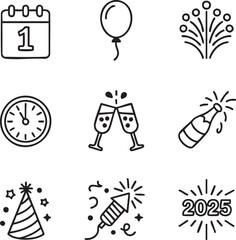 New Year celebration icons calendar balloon fireworks clock champagne party date