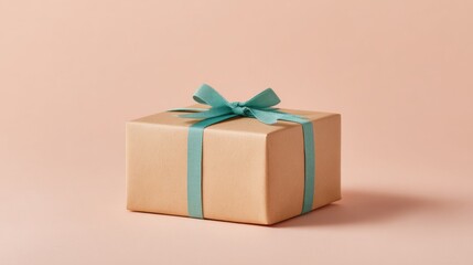 Fototapeta premium Rectangular parcel wrapped in eco-friendly paper with teal ribbon on pastel peach backdrop in studio