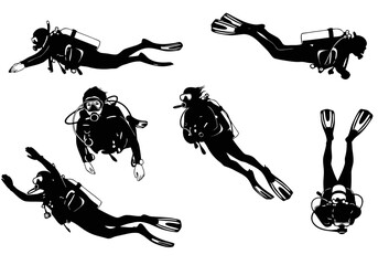 Silhouettes of scuba divers in various underwater poses, equipped with full diving gear including masks, fins, and oxygen tanks.
