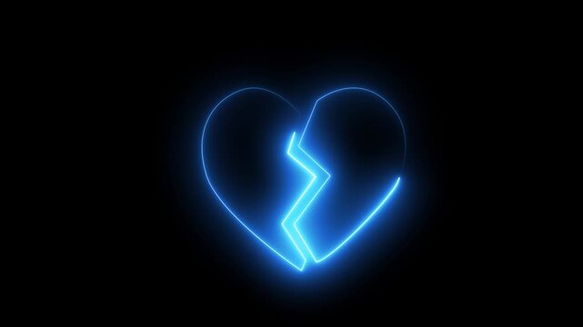 Animation icon of a broken red heart 4k on black background. Broken heart concept animation. love broken heart neon sign animation Neon broken heart no valentines day indicates on background...