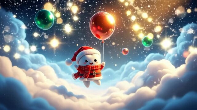 Cute santa character holding a shiny red balloon, floating above clouds on a snowy night. Christmas fantasy background for holiday greeting card.