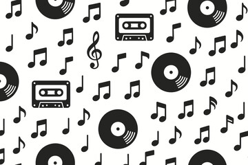 Music notes and cassette tapes fill the background in a pattern showcasing sound and rhythm in a playful design made for artists and music lovers