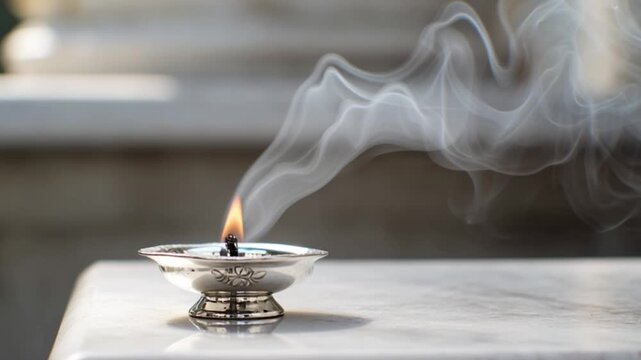 Sacred oil lamp with gentle flame and rising smoke creating peaceful spiritual atmosphere for prayer meditation ritual devotion purity calm energy serene temple worship ambiance focus