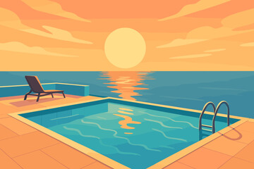 Fototapeta premium Sunset over the ocean with a poolside chair and calm water