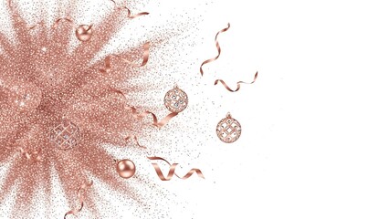 Rose gold glitter explosion with decorative baubles and ribbons on white background sparkle