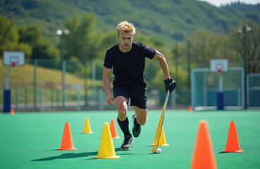 Blond male athlete trains field hockey on green outdoor court. Dribbles ball with stick, running between orange, yellow cones. Focused player diligently prepares for competition, improving sport