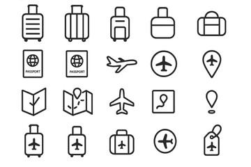 Travel icons for planning trips with luggage, passports, and flight details showing various travel elements in a simple design