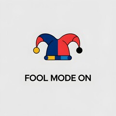 Minimal modern jester hat icon above bold Fool Mode ON lettering with clean spacious layout ideal for simple festive April Fools graphic designs