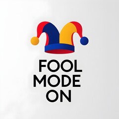 Minimal modern jester hat icon above bold Fool Mode ON lettering with clean spacious layout ideal for simple festive April Fools graphic designs