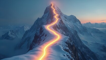 Illustration of illuminated path winding up snowy mountain peak. Concept of reaching success goals business targets. Visualization of journey progress towards top. Corporate concept for achievements,