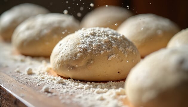 Raw dough balls rest on wooden board dusted with flour. Bread preparation for baking fresh loaf. Ingredients for pizza focaccia. Baking process. - Powered by Adobe