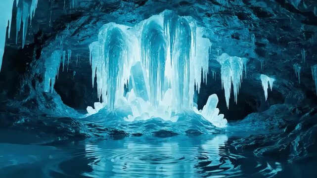 Stunning blue ice cave interior with glowing icicles and water reflection