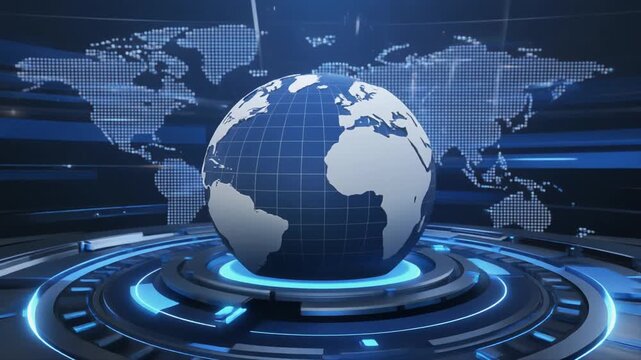 news intro animation with globe in circular abstract blue scene with world map, mp4 video. AI