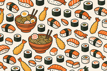 Sushi and noodle pattern featuring various types of sushi in a vibrant arrangement on a neutral background