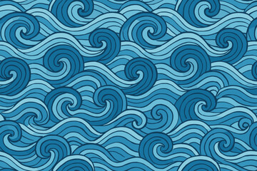 Curvy ocean waves create repetitive patterns in different shades of blue across a textured background