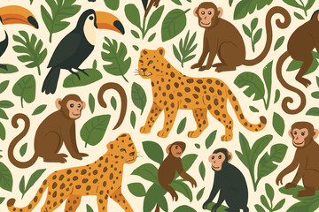Fototapeta premium Colorful jungle scene featuring a variety of animals interacting among plants and foliage in a cheerful pattern