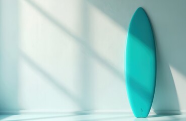Turquoise surfboard rests against clean wall indoors. Sunlight casts shadows, suggesting summer beach vibes. Ideal for surf shop ads and coastal decor.