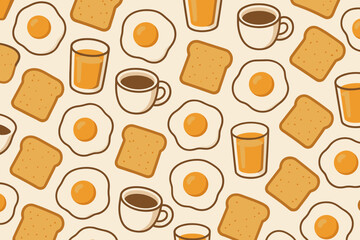 Breakfast items on a light background featuring eggs, toast, coffee, and juice in a repeated pattern