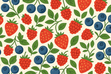 Berry pattern with strawberries, raspberries, and blueberries on light background