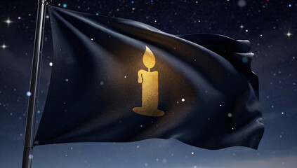 Black Flag with Golden Candle Emblem under Starry Night Sky
