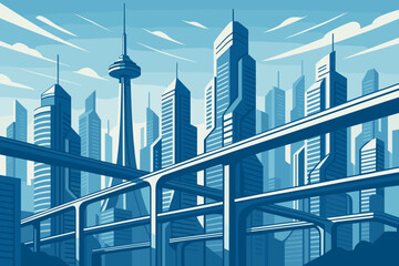 Fototapeta premium Modern skyline with high buildings and elevated highways under a blue sky during daytime